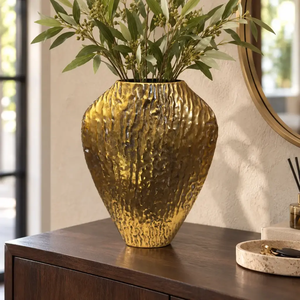 hammered-gold-metal-vase-entrance-console.webp