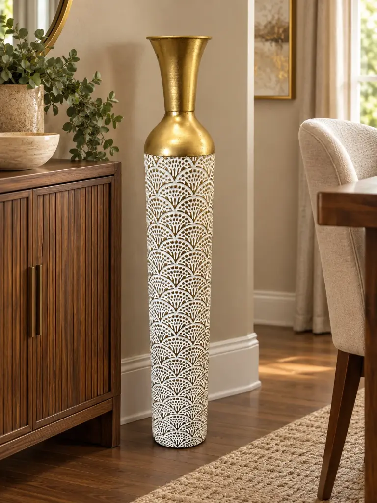 white-gold-fan-pattern-floor-vase-dining-room.webp
