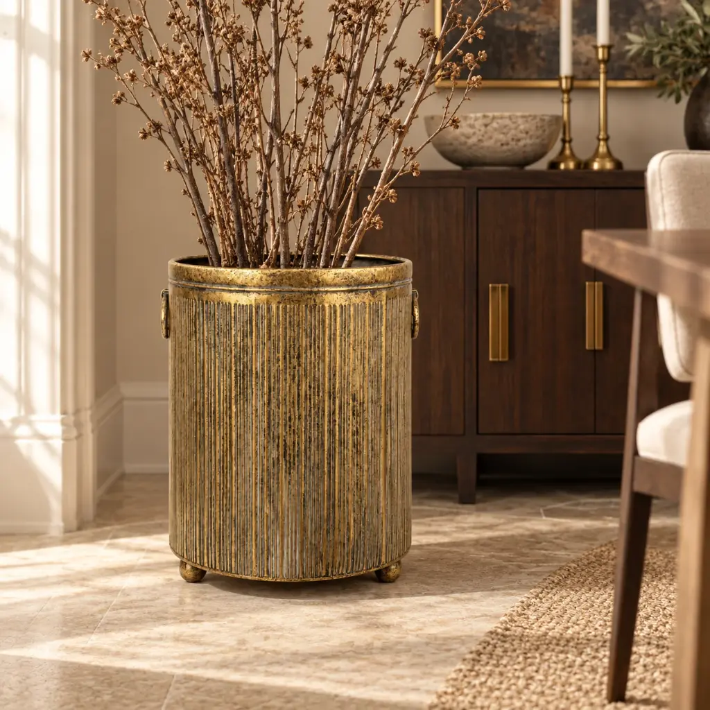 antique-gold-ribbed-cylinder-planter-dining-room.webp