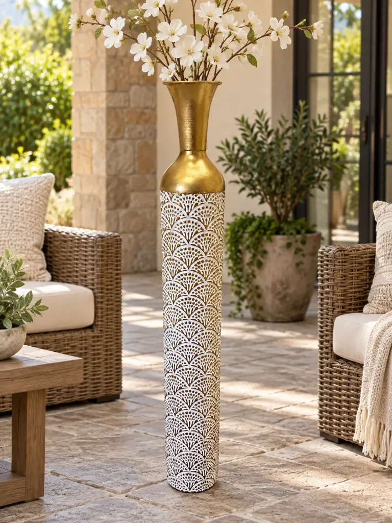 White and Gold Fan Pattern Floor Vase