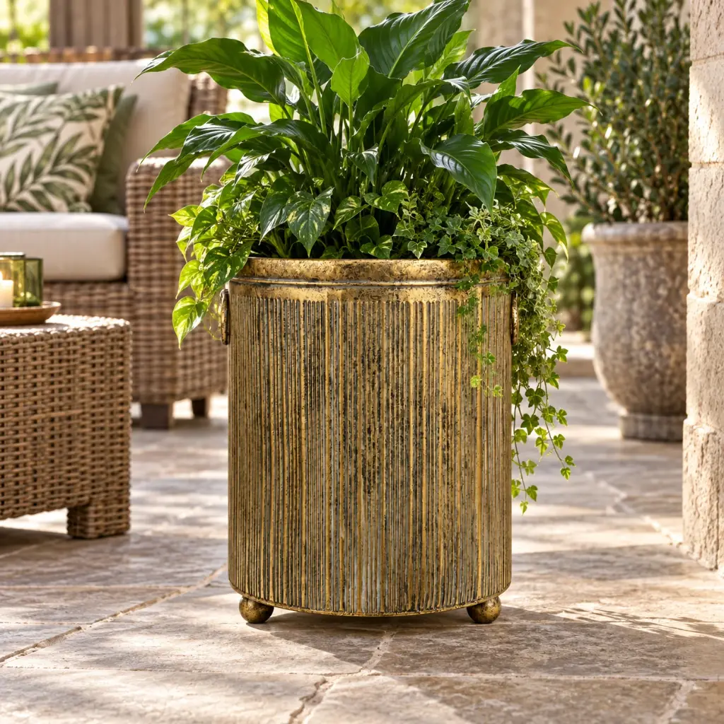 Antique Gold Ribbed Cylinder Planter