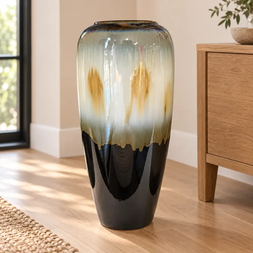 Cream and Black Glossy Floor Vase